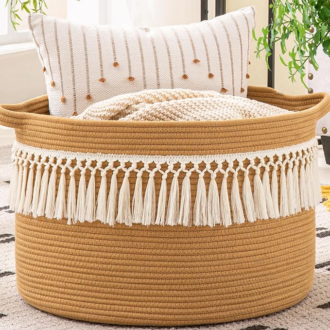 KAKAMAY Large Blanket Basket with Handles, Storage Basket for Living Room | Extra Large Capacity | Natural Cotton Rope | Blanket Storage | Woven Storage Basket | Stuffed Animal Storage | Laundry Basket