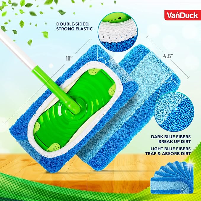 VanDuck Reusable Microfiber Mop Pads for Swiffer Sweeper (4-Pack), Blue | Handle not included, machine washable wet & dry mopping cloths, mop head replacement floor cleaning