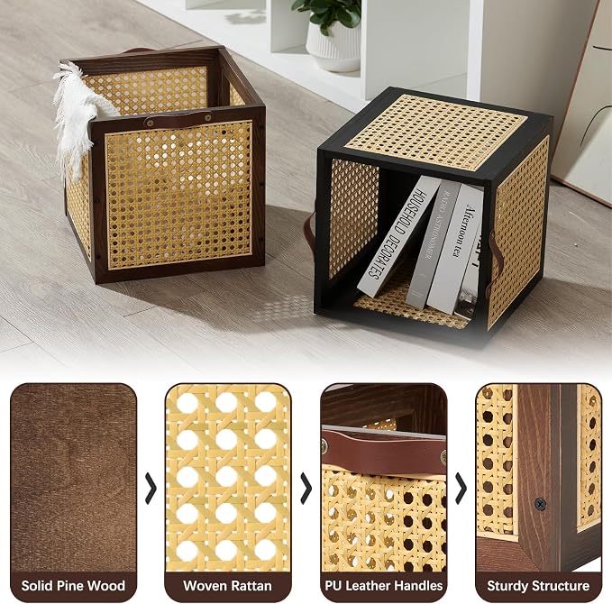 2PCS Rattan Storage Cubes Decorative Handmade Wooden Basket Box | Clothes Container Closet Shelf Organizer, Books Magazine Holder, Solid Wood Woven Wicker Cane Bins, Natural Bohemian, Walnut