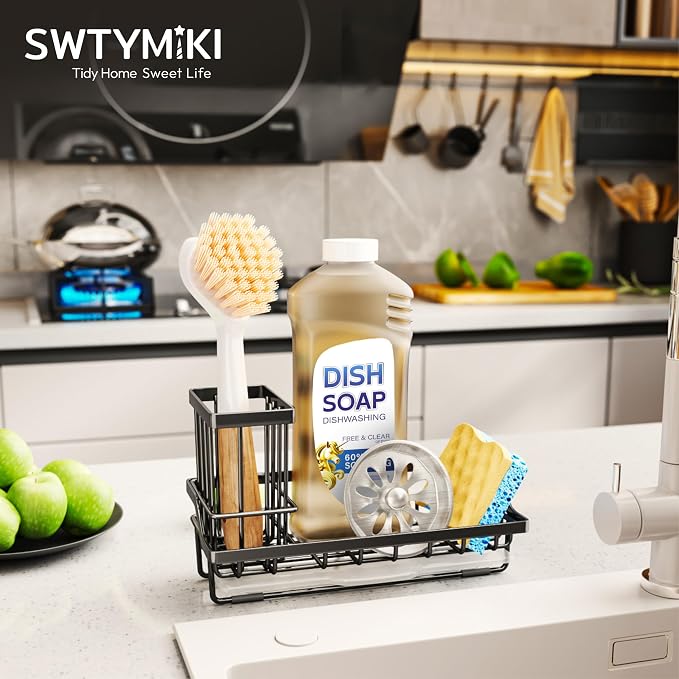 SWTYMIKI Sink Caddy Sponge Holder - Kitchen Sink Organizer with High Brush Holder for Countertop to Hold Dish Soaps and Sponges, Stainless Steel, Black (Pack of 2)