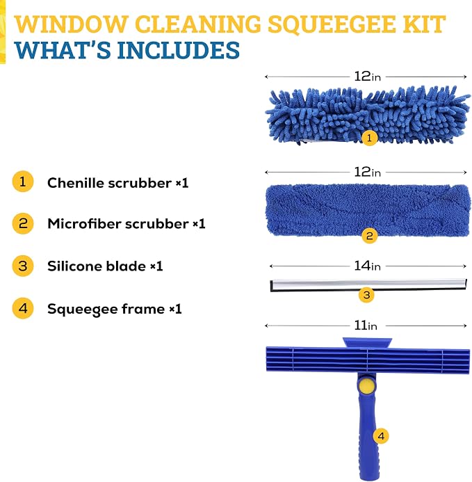 2-in-1 Window Squeegee Cleaning Combo | Glass Cleaner Tool for Commercial and Residential Use, 2 Reusable 12” Sleeves and 14” Blade