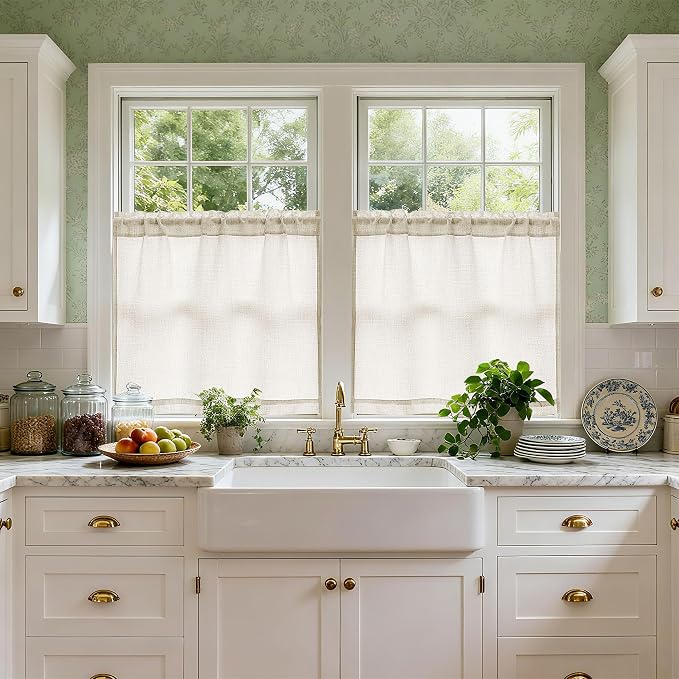 Natural Linen Cafe Short Curtains 30 Inch Length 2 Panels Semi Sheer | 2 Panels, Light Filtering Privacy, Small Curtain, for Kitchen Bathroom Basement, Rod Pocket, Boho, Cream Drapes, W34xL30