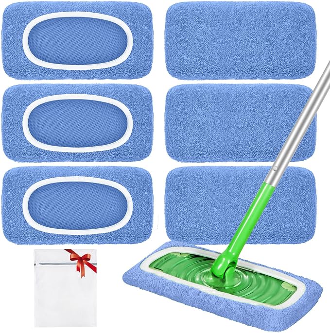 Reusable Mop Pads for Swiffer Sweeper Mop, Microfiber Dry Sweeping Cloths | Machine Washable Wet Pads Refill for Use on All Sealed Floors - Stone, Hardwood, Laminate & Tile (6 Blue)