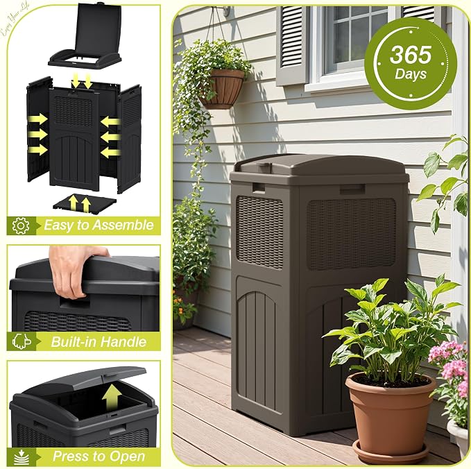 Greesum 33 Gallon Outdoor Trash Can with Lid, Waterproof Garbage Bin, Brown | Resin Materials, for Hideaway, Deck, Patio