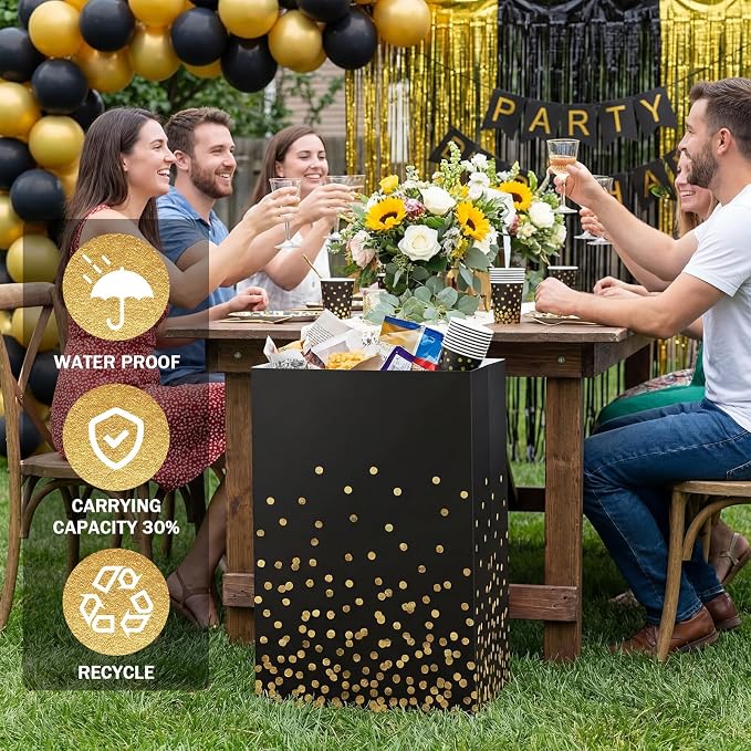 Tinlade 6 Pack 13 Gallon Pop up Trash Cans Black and Gold Disposable Garbage Cans for Party Large Waterproof Trash Can Foldable Bins for Graduation Prom Birthday Anniversary Party Gathering