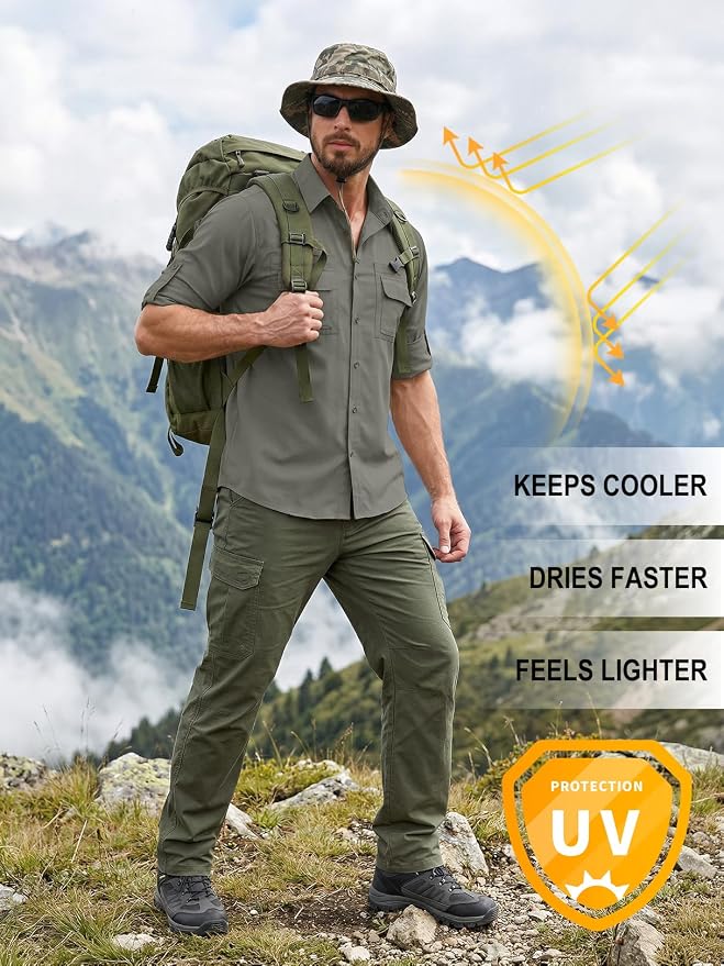 linlon Men's Safari Shirt UV Sun Protection Long Sleeve Hiking Travel | Button Down Mesh Back Vents UPF 50+ Quick Dry Breathable Cool Lightweight Outdoor Travel Fishing Gardening Clothes