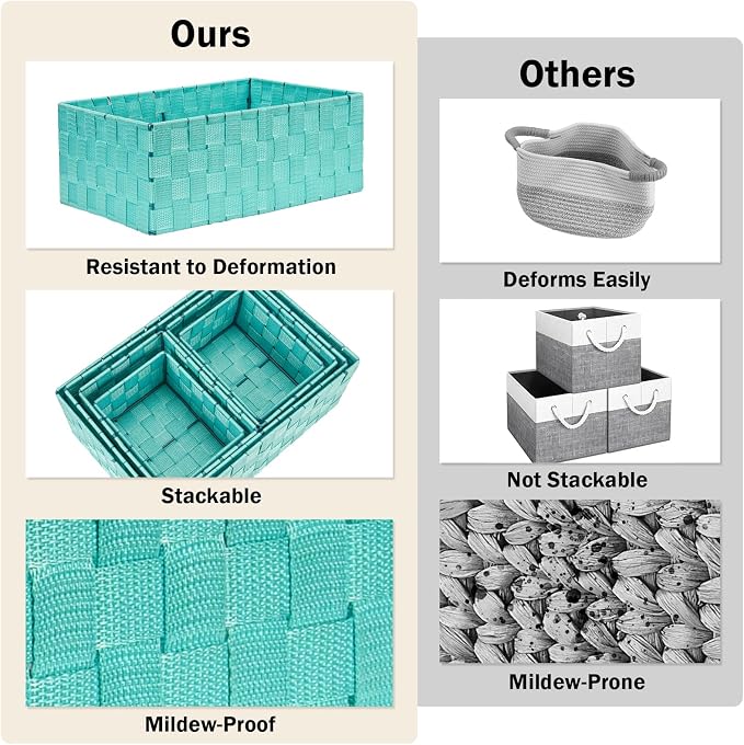 Storage Baskets: 6 Pack Stackable Woven Storage Bins, Aqua | Decorative Woven Baskets for Organizing with Built-In Handles for Shelves, Closets, Cabinets and Cubbies, Gift Small Basket