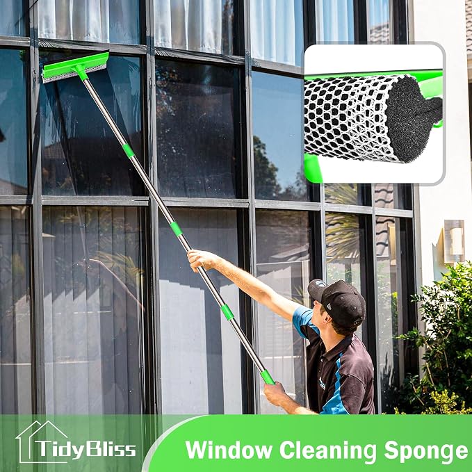 TidyBliss Window Squeegee Professional, 56” Car Windshield Glass Cleaner Tool with Extension Pole, Long Handle Household 10 inches Washer Sponge Scrubber Kit for Cleaning Home Mirror Outdoor (Green)