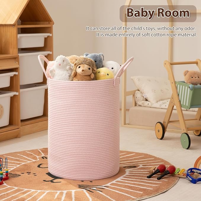 OIAHOMY 80L Nursery Hamper Laundry Basket Laundry Hamper Pink | collapsible Blanket Basket Cotton Rope Woven Basket Dirty Clothes Hamper Baby Hamper Tall Clothes Hamper with Handles