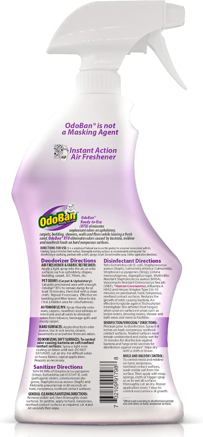 OdoBan Ready-to-Use Disinfectant and Odor Eliminator, Set of 4 Spray Bottles, 32 Ounces Each, Lavender Scent
