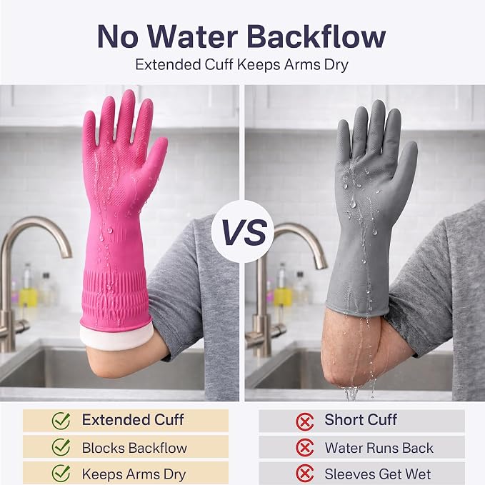 Rubber Dishwashing Gloves, Reusable Cleaning Gloves with Long Cuffs