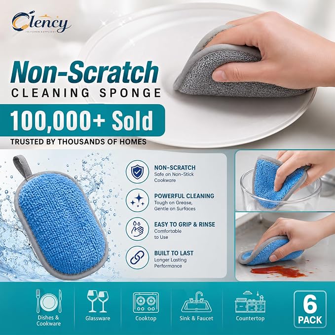 Clency Non-Scratch Kitchen Sponges, 6 Pack Dual-Sided Dish Sponges for Washing Dishes, Safe for Nonstick Cookware, Reusable Scrubber Cleaning Set with 2 Silicone Cleaning Gloves