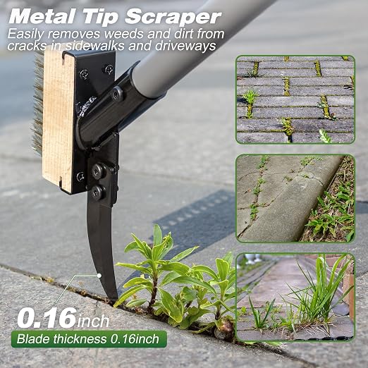 Walensee 66.5in Adjustable 3-in-1 Crack Weeder & Moss Remover Brush Tool | Adjustable Long Handle, 2 Replaceable Brush Heads & Scraper, Cleans Deck Patio Walkway Crevices, Efficient Moss & Weed Puller