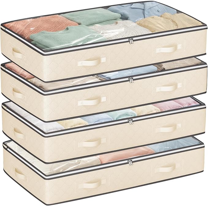 Budding Joy 95L Underbed Storage Containers, 4 Pack Closet Organizers Beige | Underbed Storage Bags for Blankets, Towels, Comforter, Sweaters, Linen Sheets, Wrapping Paper