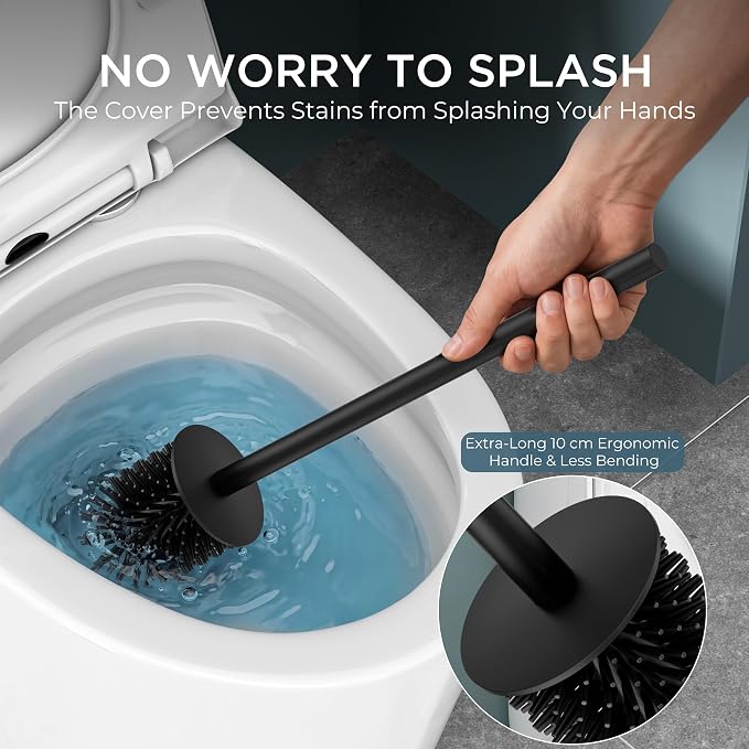 FORIOUS Stainless Steel Toilet Bowl Brush Scrubber and Holder Set Short | Black, Extended Handle, Removable Inner Bowl, Stable Splash Guard, Steel Joint, Scratch‑Resistant Bristles, for Bathroom RV