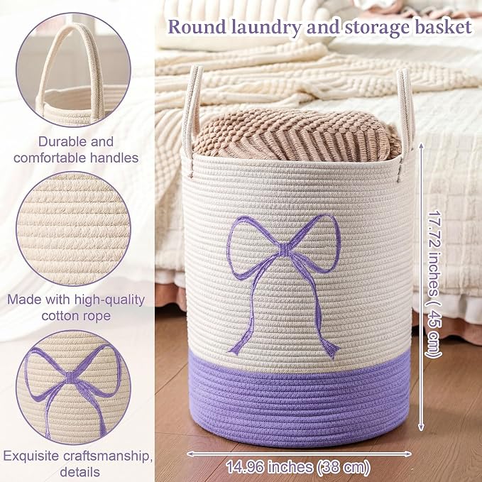 Honeydak Purple Laundry Basket Bow Hamper Coquette Laundry Basket Cotton Rope Purple Hamper 15 x 17.7 Inches Toy Box Large Coquette Bow Teens Girls Room Storage for Blanket Toys Clothes Organization