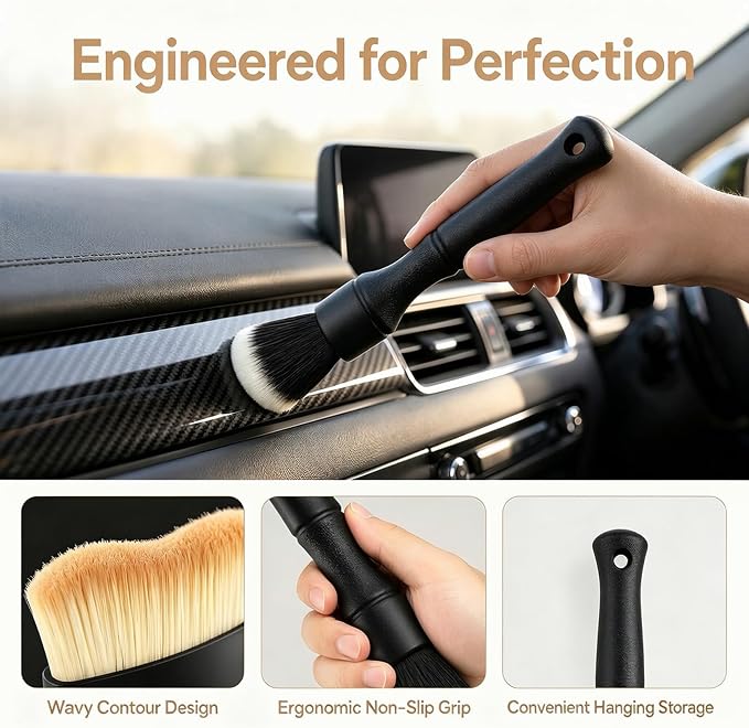 3-Piece Car Interior Detailing Brush Set, 2 Brown Soft Bristle Brushes and 1 Long-Handled Black Dusting Tool with Protective Case for Dashboard, Air Vents, Console, Crevices, Seats, Car Accessories