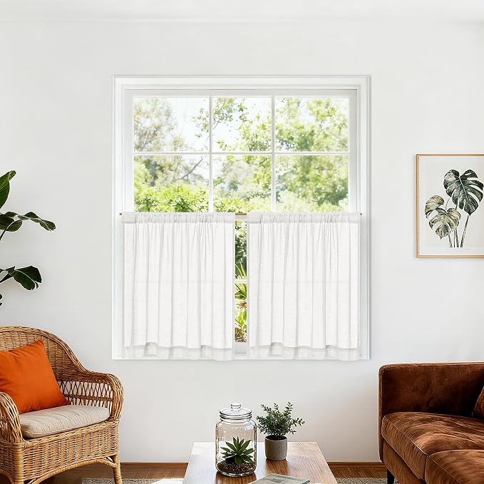 Off White Semi Sheer Linen Kitchen Curtains 24 Inch Length 2 Panels | Cream, Short Small Curtains for Cafe Laundry Bathroom Over Sink, Rod Pocket, Privacy Assured with Light Through, 30x24 Inches
