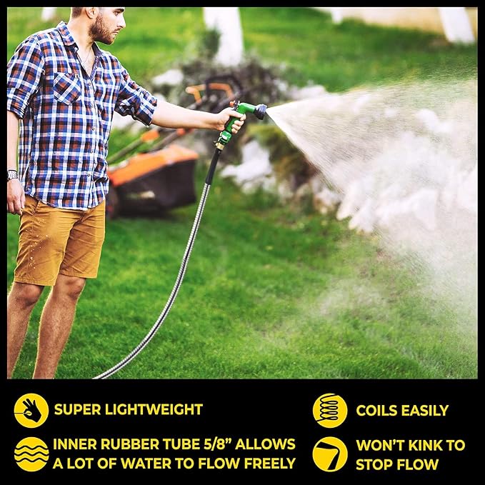 BIONIC STEEL PRO 75 Ft Metal Garden Hose with Brass Nozzle | Water Hose Made from Heavy Duty 304 Stainless Steel, Flexible, Lightweight, Brass Fittings, Non Kinking, 500 PSI