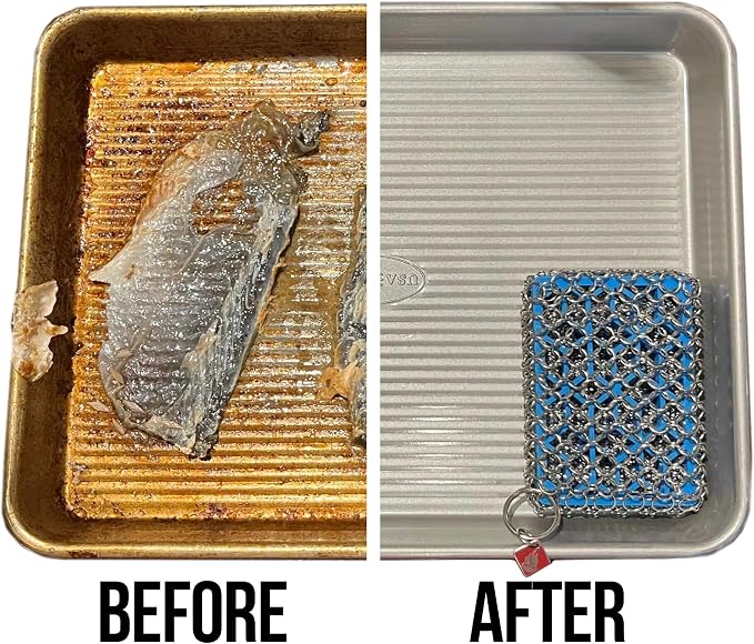 Knapp Made Premium Cast Iron Cleaner, 2-in-1 Combo Chainmail Scrubber with Silicone Core, Heavy Duty & Fine Mesh Rings for Cookware, Skillets and Pots, Premium Cast Iron Cleaner – Ice Blue