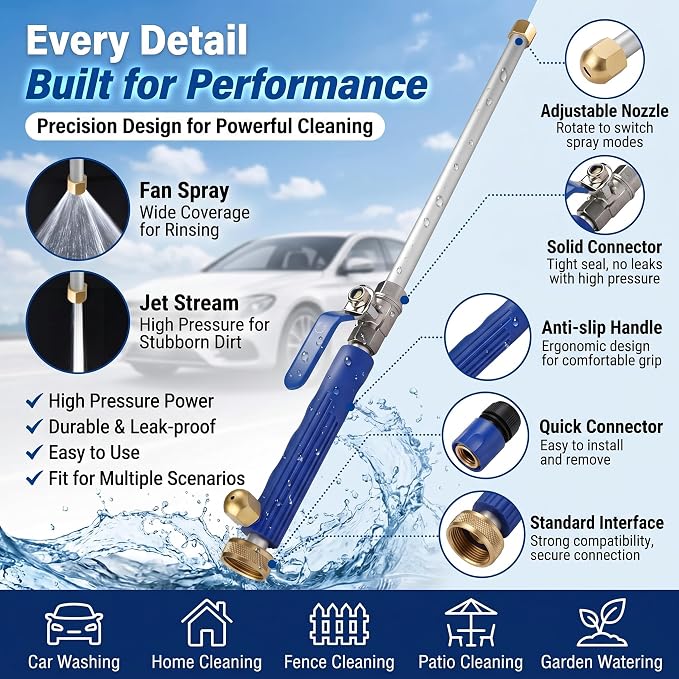Jet Nozzle for Garden Hose, Metal Power Washer Wand with 2 Brass Nozzles, High Pressure Washer with Quick Connect Adapter for Car Wash, Patio, Window and Garden Watering(Black)