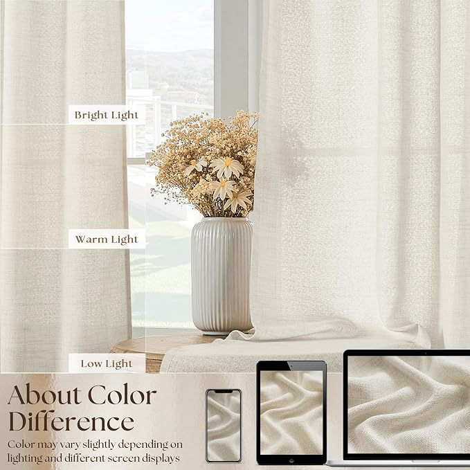 Natural Linen Cafe Short Curtains 30 Inch Length 2 Panels Semi Sheer | 2 Panels, Light Filtering Privacy, Small Curtain, for Kitchen Bathroom Basement, Rod Pocket, Boho, Cream Drapes, W34xL30