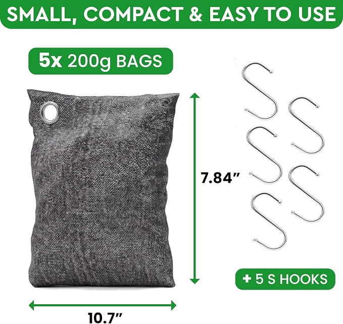Activated Charcoal Odor Absorber for Strong Odors in Car, Closet, Shoe, Basement. 5 Activated Charcoal Bags Odor Absorbers for Home. Bamboo Charcoals Air Purifying Bag Charcoals Deodorizer Eliminator