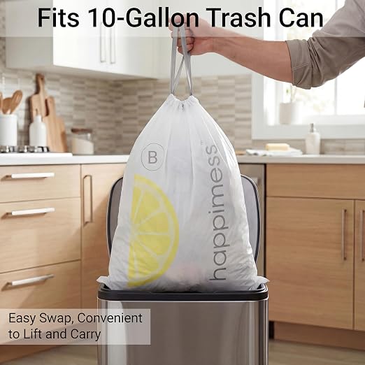 happimess 20-Count Lemon Scented 5.3 Gal Trash Bags, White | Kitchen Can Liners, Drawstring, Heavy Duty MDPE Plastic, Tear-Resistant, Recyclable, Custom Fit, Odor Control