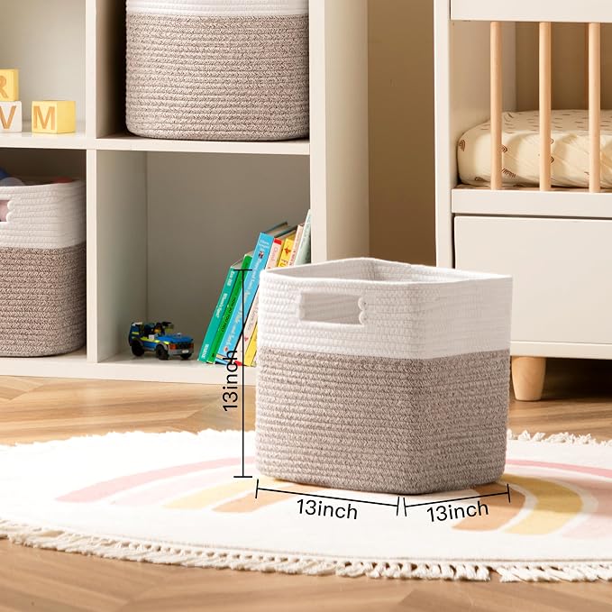 Dreamcountry 13x13 Cube Storage Bins, Storage Cubes with Handles, 4 Pack Cotton Rope Basket for Shelves, Cube Storage Organizer forToys, Book, Clothes, Home, Office, Nursery, White/Brown