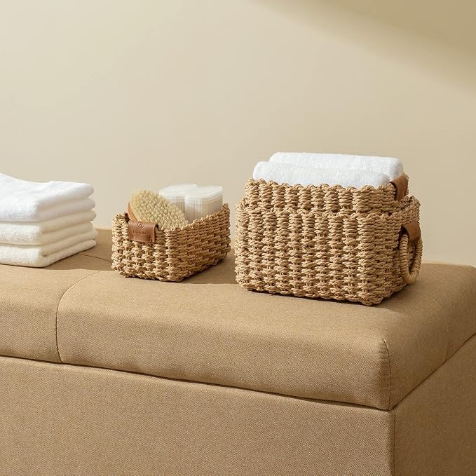 LA JOLIE MUSE Small Wicker Baskets for Organizing, Desert 3 Pack | Decorative Organizer with Vegan Leather Tag, Round Handle, Storage Baskets for Shelves, Bedroom, Kitchen, Office and Home