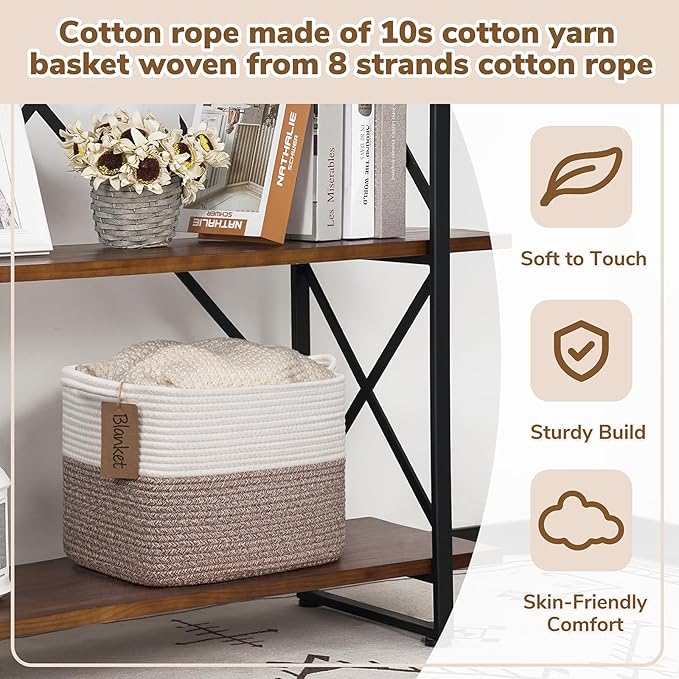 Goodpick Woven Rope Storage Basket for Shelves, Rectangle, Brown | 13" × 10" × 9" Stylish Gift Basket for Bedroom & Living Room Organization, Cotton Rope Baskets for Toys & Towels Storage