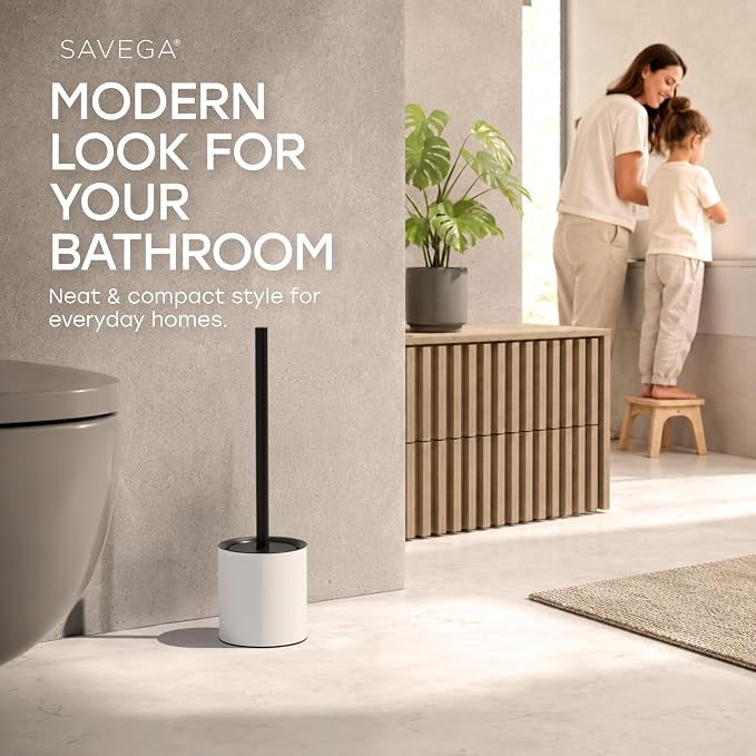 Toilet Bowl Brush and Enclosed Holder Set – White | Freestanding toilet brush set with durable steel holder and integrated splash guard lid in clean matte white