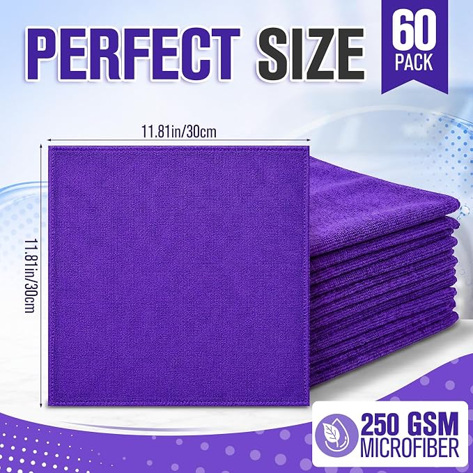 Nuenen Microfiber Cleaning Cloths for Cars Ultra Absorbent Car Towels Drying Reusable Cleaning Supplies House Kitchen Window Microfiber Towel (12 x 12 Inch, Purple, 60 Pcs)
