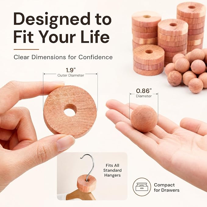 Cedar Blocks for Clothes Storage | Cedar Balls & Rings | Dresser Drawer Freshener Odor Eliminator | 40 Pieces, 30 Rings & Bonus 10 Balls, U.S.A Seller