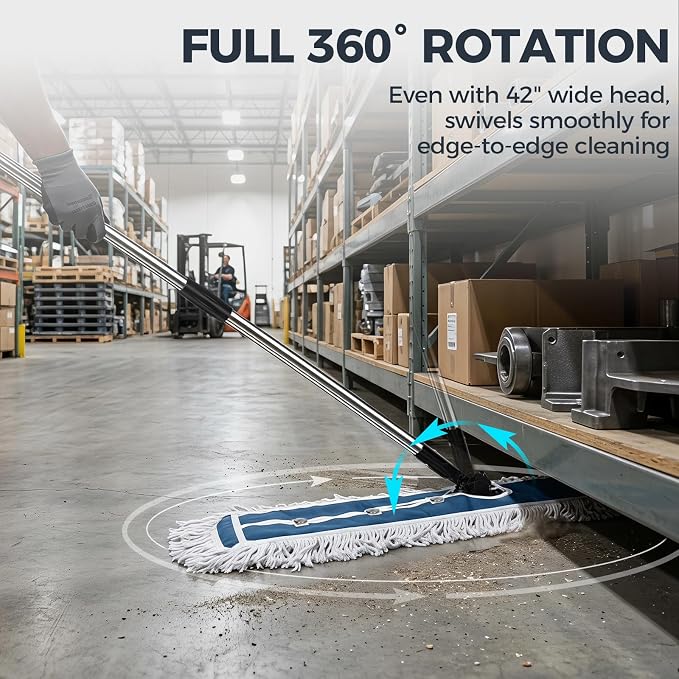 42" Commercial Dust Mop for Floor Cleaning, Heavy Duty Industrial Mop | Large Flat Mop with Long Handle, Push Mop with 2 Different Mops Pads, for Hardwood, Tile, Gym, Office, Mall, Warehouse