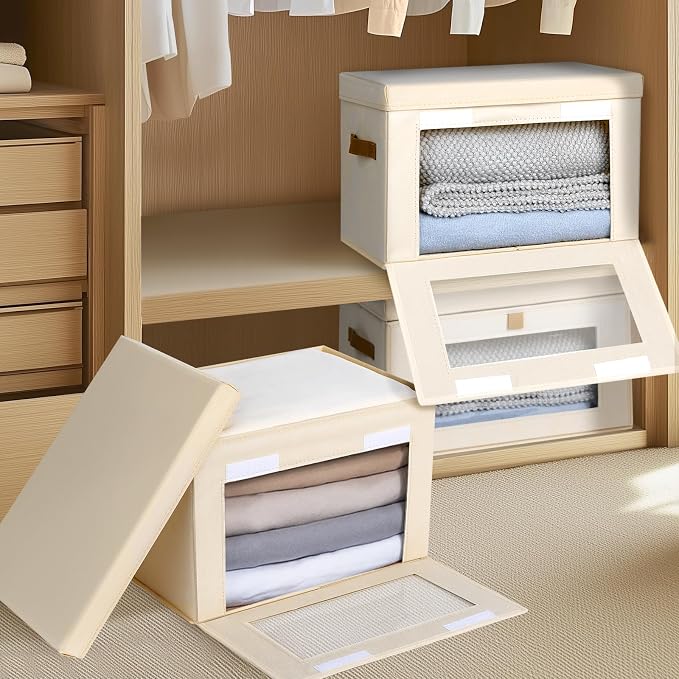 Homsorout Large Closet Storage Bins - Collapsible Clothing Organizer with Handles & Window, Decorative Bin with Lids, Linen Closet Organizers for Living Room, Dorm, 6 Pack, Beige
