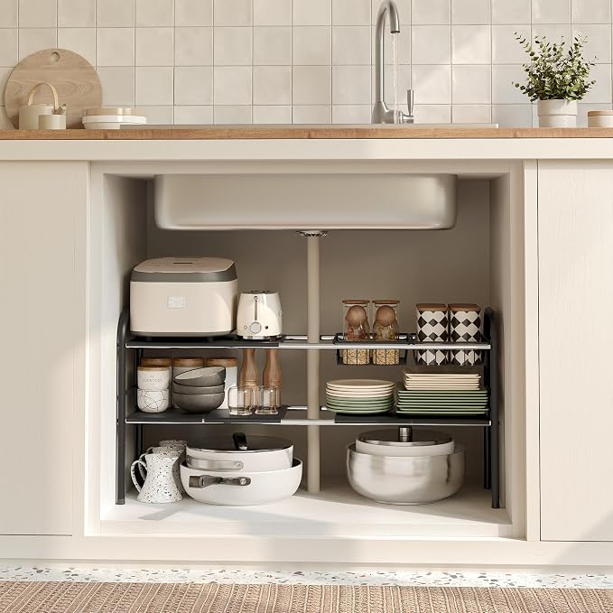 Under Sink Organizers and Storage,Expandable under cabinet organizer Shelf | 2 tier expandable shelf for kitchen,bathroom,6 Removable ABS Panels and 2 Baskets,Adjustable partition height,20.7-32.3" W