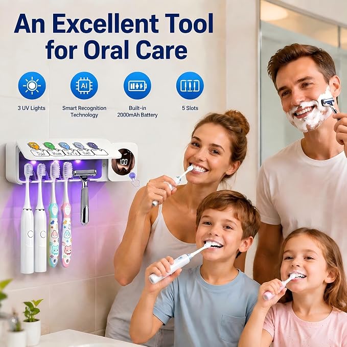 Toothbrush Holders Wall Mounted Name Labels No Drill for Family & Bathrooms | 5 name slots wall mount toothbrush holders, strong adhesive, fits electric/manual, 30-day bat, stops when open, HD display