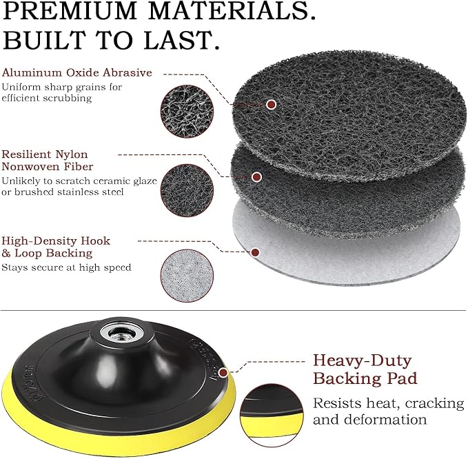 5 Inch 15 PCS Scouring Pads Drill Brush Power Scrubber Cleaning Kit | Hook and Loop Scrub Pads Drill Attachment with Accessories for Bathroom Scale Removal, Rust Removal, Metal & Tile Cleaning
