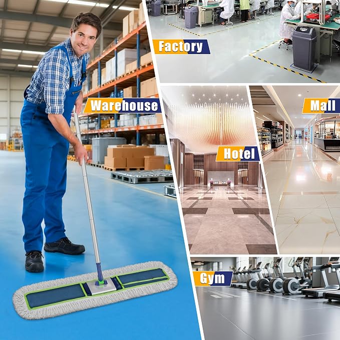 41" Large Commercial Dust Mop Push Broom for Janitor Dry Sweeping | Industrial Grade, 2 Heavy Duty Lint Free Pads, 43-57" Handle, 360° Swivel, Extra Wide for Garage Warehouse Gym Shop