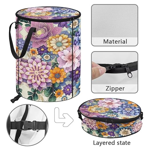 Blooming Flower 24Gal Collapsible Trash Can w/Lid & Sorting Clips Multifunctional Camping Recycling Bin Waterproof Reusable Pop-Up Trash Bag for Outdoor Party Hiking 18x18x23 in