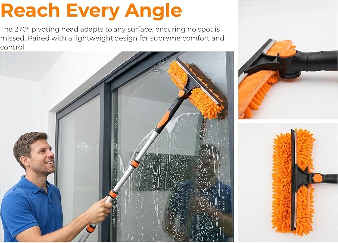 2-in-1 Window Cleaning Squeegee and Scrubber Kit, All-in-One Glass Cleaning Tool with Squeegee and Detachable Chenille Scrub Cloth Head, Streak-Free Window Washer for Home, Car, and High Windows