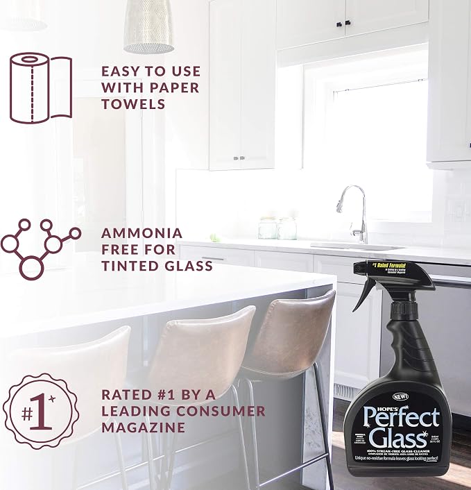 HOPE'S Perfect Glass Cleaner, Streak-Free, Ammonia-Free Window, Mirror, Screen, and Shower Door Cleaner, Indoor and Outdoor Glass Surfaces, 32 Fl Oz Spray Bottle and 67.6 Fl Oz Refill, Pack of 4