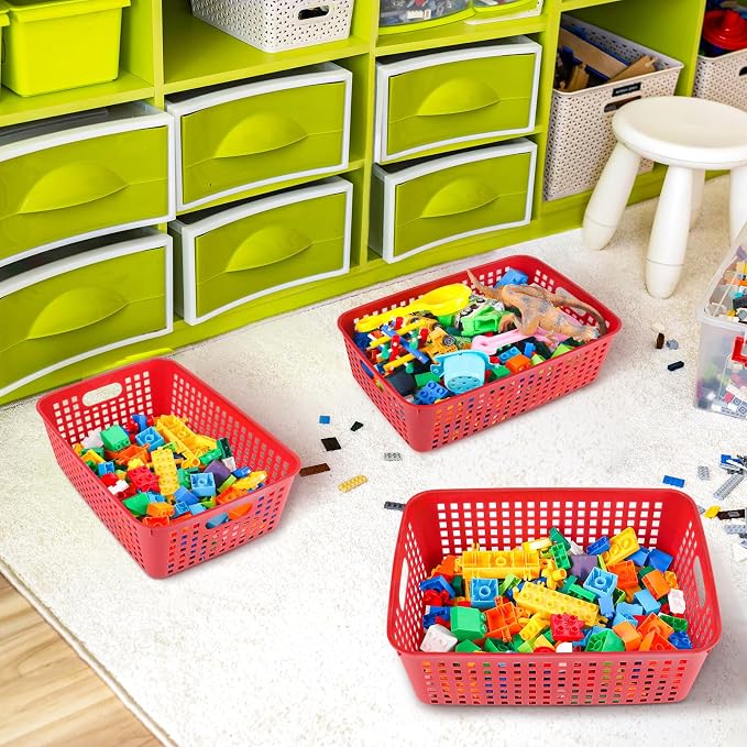 Lineshading 12 Pack Plastic Storage Baskets for Organizing, Red | 13 x 10'' Large Plastic Storage Baskets Bins with Grip Handles, Stackable Mesh for Cabinets, Desktops, Shelves, Home & Office