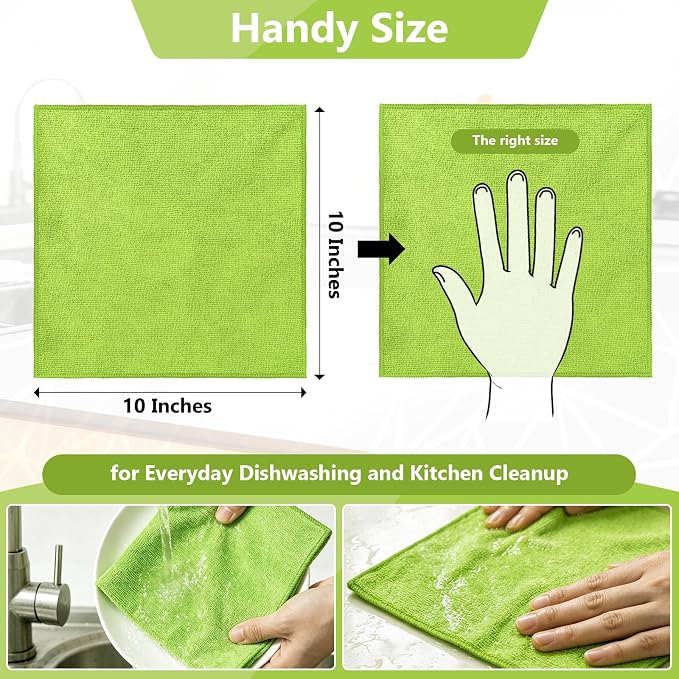 Kitchen Dish Cloths, 12 Pack, 10 x 10 Inches, Absorbent Coral Velvet Dish Towels, Soft Lint Free Reusable Dish Cloths for Dishes, Sink and Countertop, Green