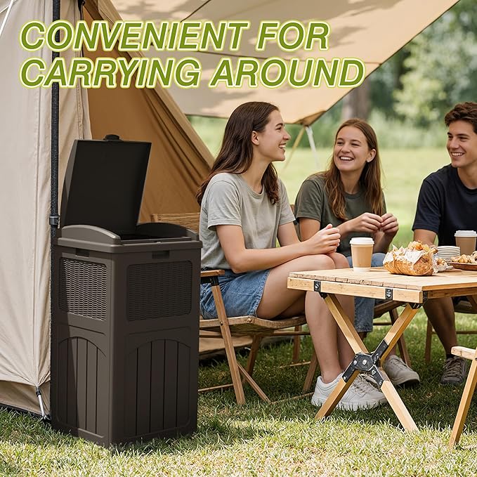 Greesum 33 Gallon Outdoor Trash Can with Lid, Waterproof, Dark Brown | Resin Garbage Bin,UV-resistant for Hideaway, Patio, Deck, Light