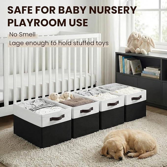 Large Storage Bins for Shelves 4 Pack, Closet Storage Baskets for Clothes Blanket Beddings Towels, Collapsible Fabric Closet Organizer Bins with Handles/ Laundry Room Organization