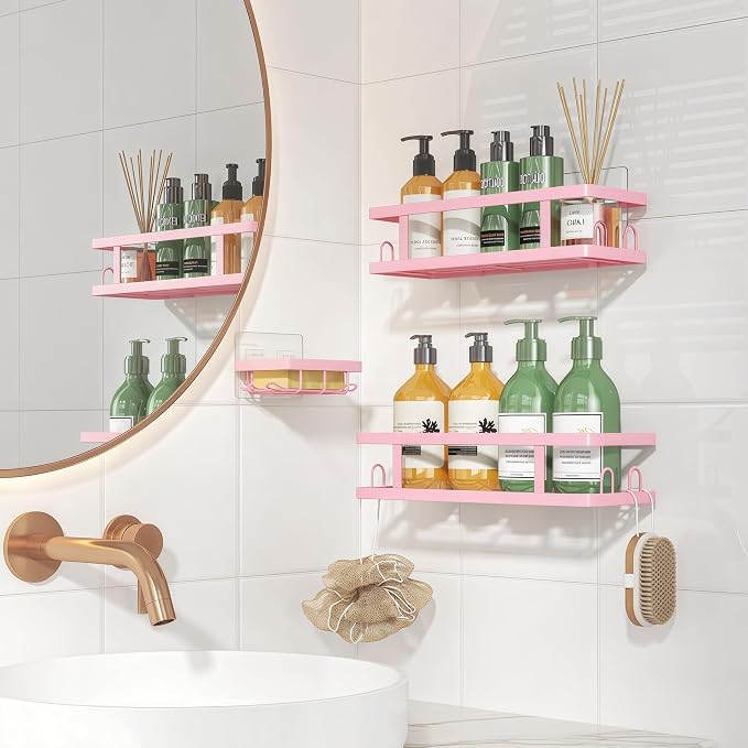 Youvip Pink Shower Caddy, 3 Pack | Shower Shelves, Stronger Adhesive, Soap Holder and 12 Hooks, No Drilling, Bathroom Organizer and Storage