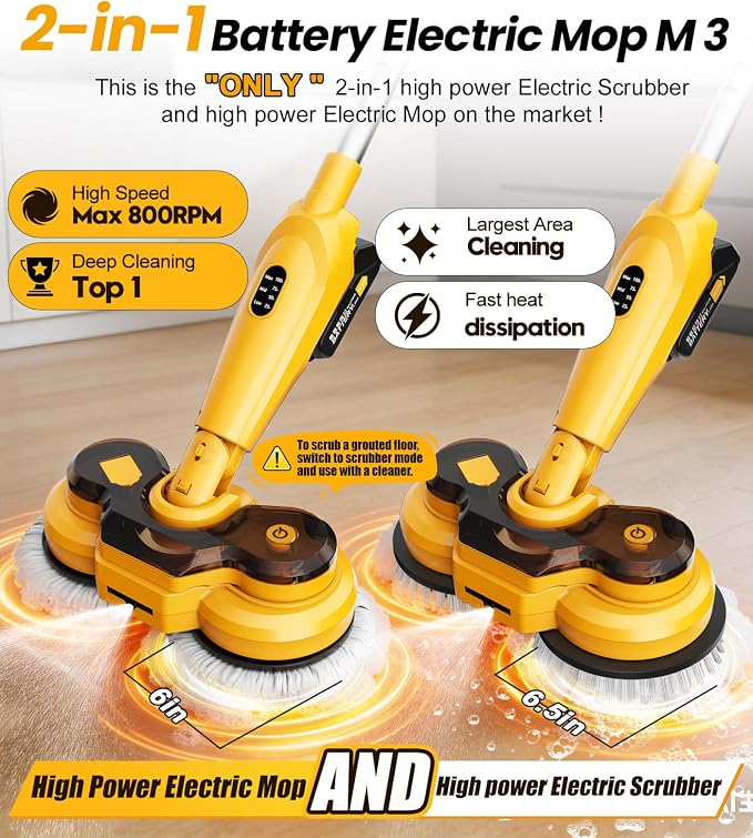qimedo Cordless Electric Mop M3, 6000mAh, 2-in-1 Power Scrubber & Mops | 800RPM Floor Scrubber Machine, Automatic Spin Mops with Smart Display, Rotating Mop with LED Light & Water Spray