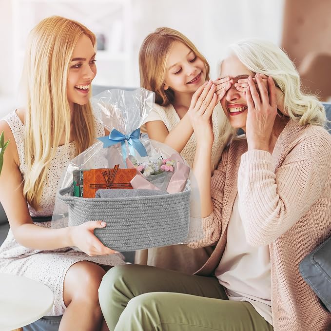 Cute Gray Gift Basket, Woven Baskets for Gifts Empty, Cotton Rope Storage Bin for Organizing, Kids Cat Dog Toy Box, Baby Nursery Organizer, Wicker Easter Basket with Handle, Grey Room Decor